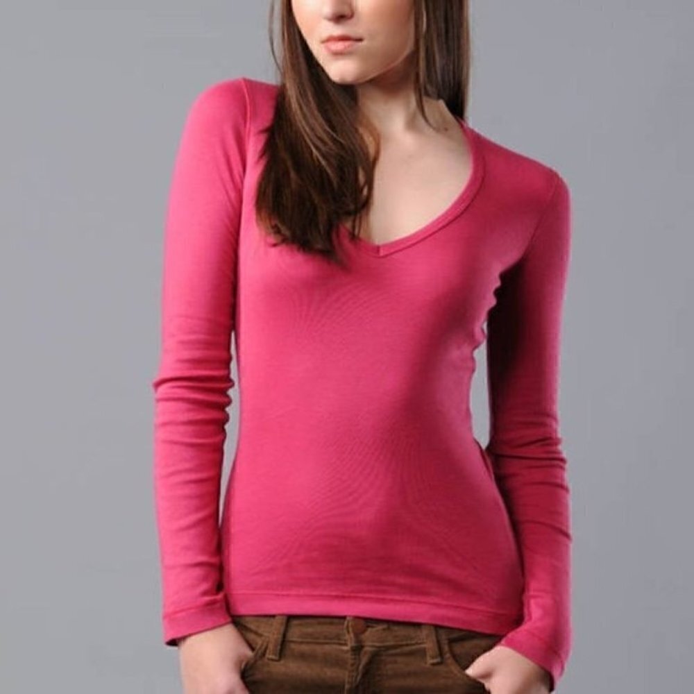 Splendid Top S Modal Cotton Long Sleeve V-neck Lounge Basic Red Base Layer